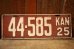 画像1: dp-250205-21 License Plate 1925 KANSAS "44-585" (1)